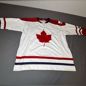 White Hockey Jersey with Red Maple Leaf and Navy Accents